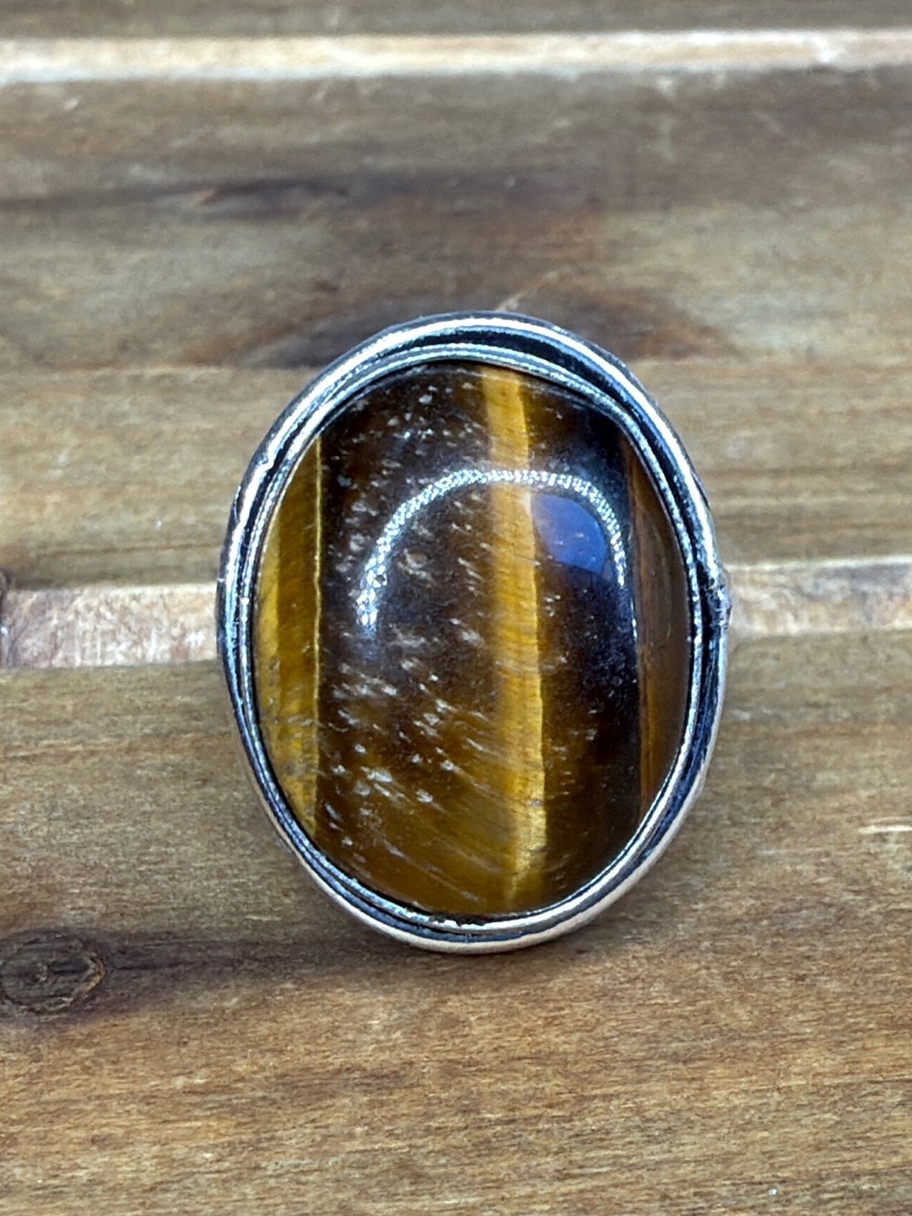 Western Style Vintage Tigers Eye Gemstone Ring Size 8  Plated Sliver 925 Boho